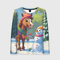 Лонгслив женский Лошадка и снеговик, цвет: 3D-принт