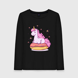 Лонгслив хлопковый женский Единорог на пончике, цвет: черный