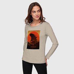 Лонгслив хлопковый женский Godzilla and red sun, цвет: миндальный — фото 2