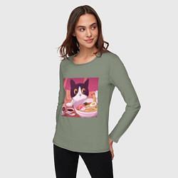 Лонгслив хлопковый женский Кот и лапша, цвет: авокадо — фото 2