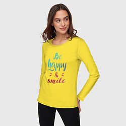 Лонгслив хлопковый женский Be happy and smile, цвет: желтый — фото 2