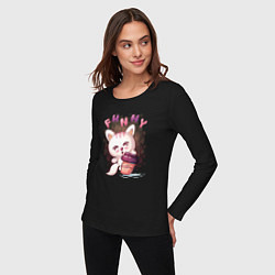 Лонгслив хлопковый женский Котик с кофе, цвет: черный — фото 2