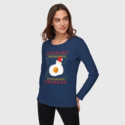Лонгслив хлопковый женский Рождественский свитер Кот-яичница, цвет: тёмно-синий — фото 2