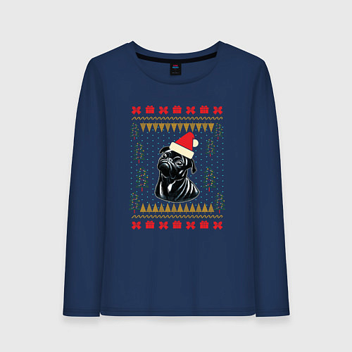 Женский лонгслив Рождественский свитер Черный мопс / Тёмно-синий – фото 1