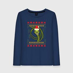 Лонгслив хлопковый женский Рождественский свитер Скептическая змея, цвет: тёмно-синий