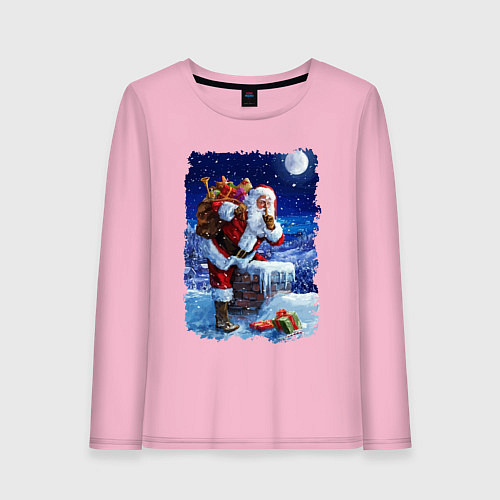 Женский лонгслив Дед Мороз с подарками на крыше / Светло-розовый – фото 1