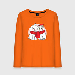 Лонгслив хлопковый женский Новогодний котик и собачка, цвет: оранжевый