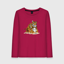 Лонгслив хлопковый женский Тигрица с игривым тигрёнком, цвет: маджента