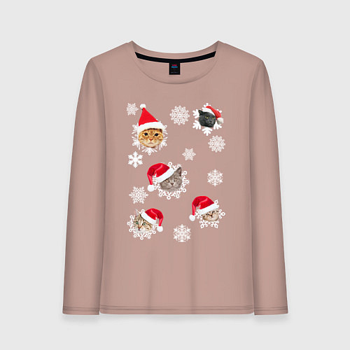 Женский лонгслив Новогодние Коты в Шапках / Пыльно-розовый – фото 1