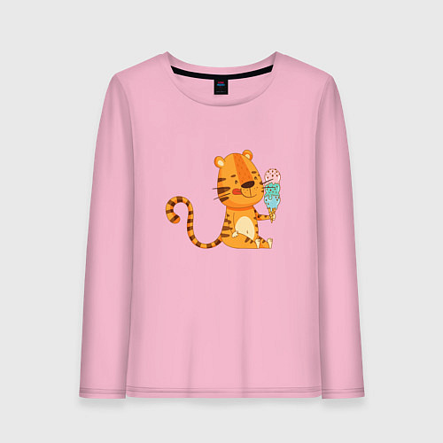 Женский лонгслив Тигр с мороженым - символ года / Светло-розовый – фото 1