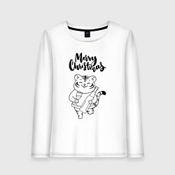 Лонгслив хлопковый женский Merry Christmas Тигр с Шампанским, цвет: белый