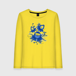 Лонгслив хлопковый женский Голубой орнамент Гжель, цвет: желтый