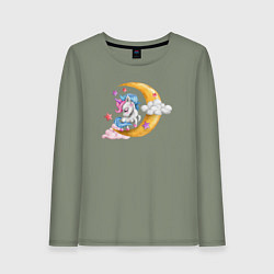 Лонгслив хлопковый женский Единорог на облаках, цвет: авокадо