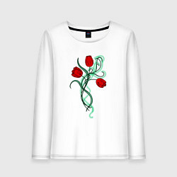 Лонгслив хлопковый женский Красные тюльпаны, букет, цвет: белый