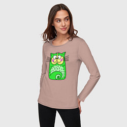 Лонгслив хлопковый женский Прикольный зеленый кот, цвет: пыльно-розовый — фото 2