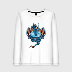 Лонгслив хлопковый женский Голубой дракон с кристаллом, цвет: белый
