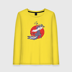 Лонгслив хлопковый женский Дизайн с драконом на фоне красного солнца с эффект, цвет: желтый