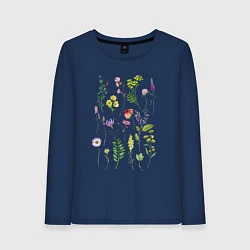 Лонгслив хлопковый женский Полевые растения цветы ботаника, цвет: тёмно-синий
