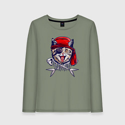 Лонгслив хлопковый женский Кот пират и рыбьи кости, цвет: авокадо