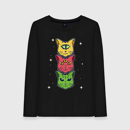 Женский лонгслив Коты пришельцы с разных планет / Черный – фото 1