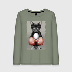 Лонгслив хлопковый женский Крутой котяра в боксёрских перчатках Cool cat in b, цвет: авокадо