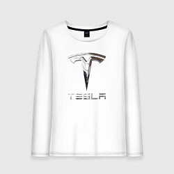 Лонгслив хлопковый женский Tesla Logo Тесла Логотип, цвет: белый