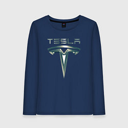 Лонгслив хлопковый женский Tesla Logo Тесла Логотип Карбон, цвет: тёмно-синий