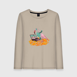 Лонгслив хлопковый женский Осенний фламинго с ноутбуком, мечты о лете, цвет: миндальный