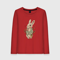 Лонгслив хлопковый женский Кролик с фонариком новогодний, цвет: красный