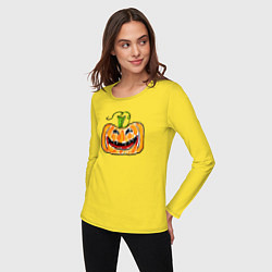 Лонгслив хлопковый женский Веселая тыква на Хэллоуин, цвет: желтый — фото 2