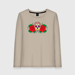 Лонгслив хлопковый женский Мексиканский череп и розы, цвет: миндальный