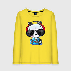 Лонгслив хлопковый женский Прикольный маленький панда в очках с магнитолой, цвет: желтый