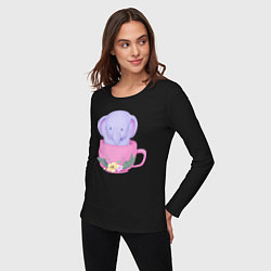 Лонгслив хлопковый женский Милый слонёнок внутри чашки с цветами, цвет: черный — фото 2