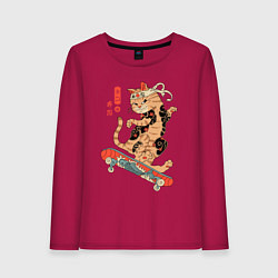 Лонгслив хлопковый женский Кот самурай скейтбордист, цвет: маджента