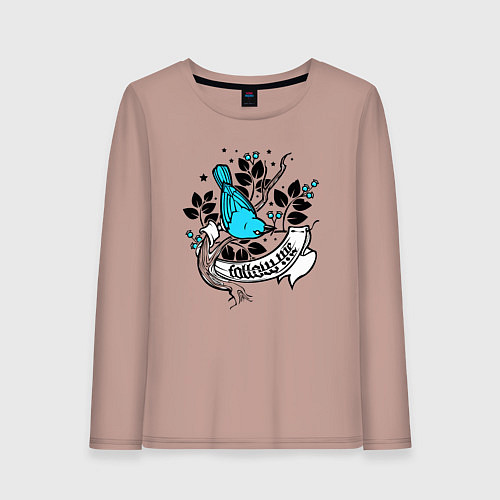 Женский лонгслив Птица и ягоды - follow me / Пыльно-розовый – фото 1