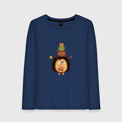 Лонгслив хлопковый женский Ёжик с Новогодними подарками, цвет: тёмно-синий