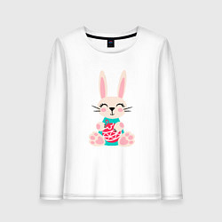 Лонгслив хлопковый женский Новогодний кролик с елочным шаром, цвет: белый