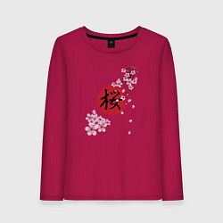 Лонгслив хлопковый женский Цветущая вишня и красный круг с японским иероглифо, цвет: маджента