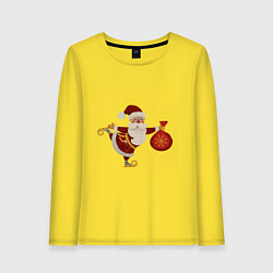 Лонгслив хлопковый женский Дед Мороз на коньках с мешком подарков, цвет: желтый