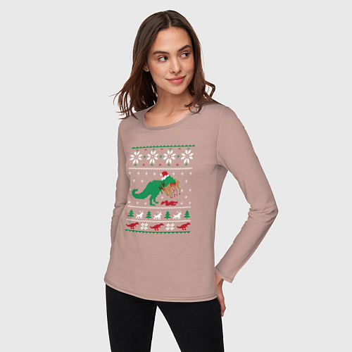 Женский лонгслив Новогодний тирекс - ugly sweater / Пыльно-розовый – фото 3
