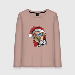 Лонгслив хлопковый женский Pug merry christmas, цвет: пыльно-розовый