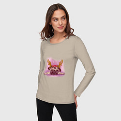 Лонгслив хлопковый женский Мопс с оленьими рогами, цвет: миндальный — фото 2