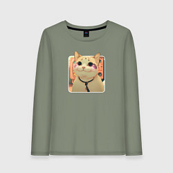 Лонгслив хлопковый женский Cat smiling meme art, цвет: авокадо