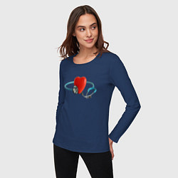 Лонгслив хлопковый женский Здоровое сердце - стетоскоп, цвет: тёмно-синий — фото 2