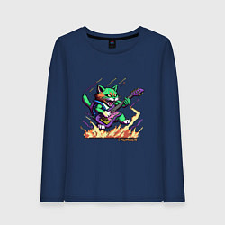 Лонгслив хлопковый женский Пиксельный кот гитарист, цвет: тёмно-синий