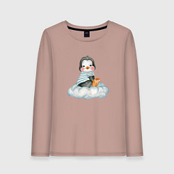 Лонгслив хлопковый женский Пингвин на облаке, цвет: пыльно-розовый