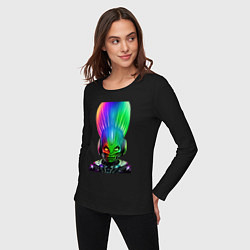 Лонгслив хлопковый женский Aggressive alien - neural network - neon glow, цвет: черный — фото 2