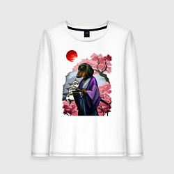 Лонгслив хлопковый женский Такса-Самурай весенняя на фоне сакуры, цвет: белый