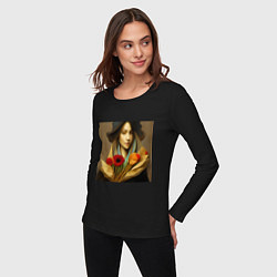 Лонгслив хлопковый женский Девушка с цветами в стиле экспрессионизм, дизайн 1, цвет: черный — фото 2