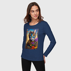 Лонгслив хлопковый женский Кот в стиле стимпанк - нейросеть - искусство, цвет: тёмно-синий — фото 2